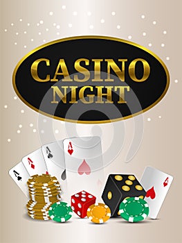 Casino night party flyer , casino gambling game with playing cards and chips