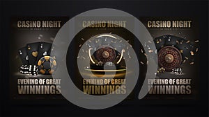 Casino night, set of invitation black posters with black and gold casino elements.