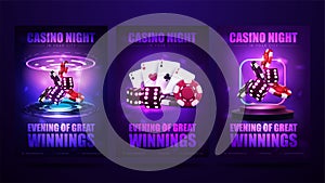 Casino night, set of invitation posters with neon casino elements. Posters with neon dice.