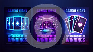 Casino night, set of invitation posters with neon playing cards with poker chips