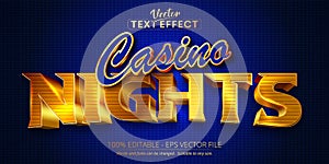 Casino Nights text, shiny golden and blue color style editable text effect
