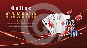 Casino online background. Red luxury wavy banner with golden lines. Cards and flying playing chips.