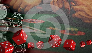 Casino Online Gambling Banner and Vegas Games Background, dice, poker cards, roulette, copy space, digital, banner, website