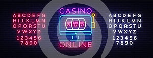 Casino Online neon sign vector. Casino Design template neon sign, light banner, neon signboard, modern trend design