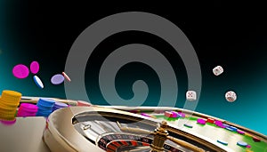 Casino Online, Poker Cards ,roulette,casino chips,Casino Gambling Banner Backdrop Graphic Creative Concept On Blue