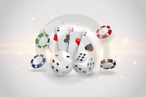 Casino playing cards dice and flying chips background