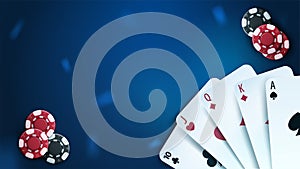 Casino playing cards and poker chips on blue background, top view