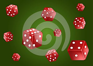 Casino poker classic green background. Falling red dice, isolated. Game concept. Vector illustration