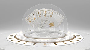 Casino Poker Cards With Royal Flash On Luxury White Stage, Poker Cards Concept - 3D Illustration