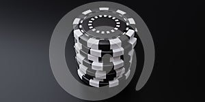 Casino poker chips black color stacked in a pile on dark background, above view, 3d