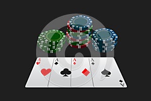Casino and poker chips in combination with four aces. Can be used as a logo, banner, background