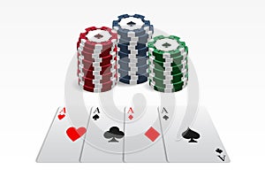 Casino and poker chips in combination with four aces. Vector illustration