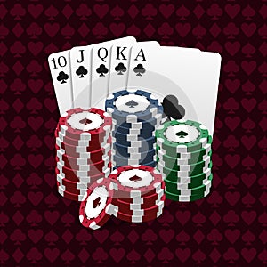Casino and poker chips combined with a Royal Flush hand. Can be used as a logo, banner, background. Vector illustration in a
