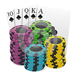 Casino and poker chips combined with a Royal Flush hand. Can be used as a logo, banner, background. Vector illustration