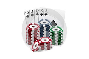 Casino and poker chips combined with a Royal Flush hand. Vector illustration