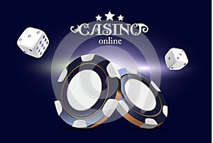 Casino poker chips and dice. Casino game 3D chips. Online casino banner. Blue realistic chip. Gambling concept, poker