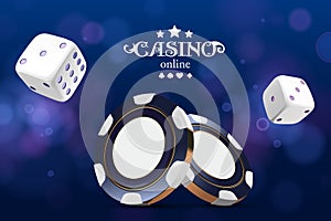 Casino poker chips and dice. Casino game 3D chips. Online casino banner. Blue realistic chip. Gambling concept, poker