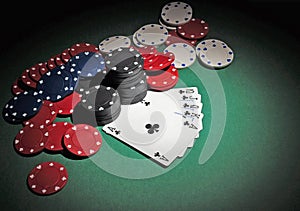 Casino poker chips with royal flush