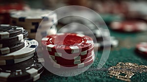 Casino Poker Chips Stack on Felt Table