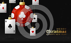 Casino Poker Christmas card. Merry Christmas sport greeting card. Hang on a thread casino poker chip as a xmas ball and golden