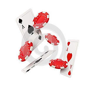 Casino poker design template. Falling poker cards and chips game concept.