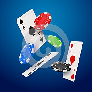 Casino poker design template. Falling poker cards and chips game concept.