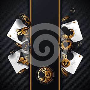 Casino poker design template. Falling poker cards and chips game concept. Casino lucky background isolated