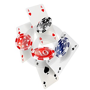 Casino poker design template. Falling poker cards and chips game concept.