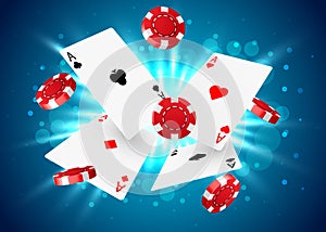 Casino poker design template. Falling poker cards and chips. Winner concept. Casino lucky background.