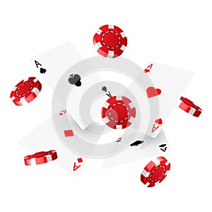 Casino poker design template. Falling poker cards and chips. Winner concept. Casino lucky background.