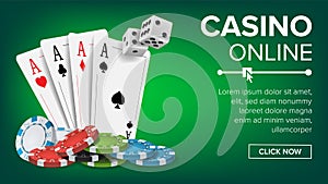 Casino Poker Design Vector. Casino Theme Fortune Background Concept. Poker Cards, Chips, Playing Gambling Cards