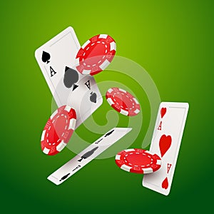 Casino poker game design template. Falling poker cards and chips casino background isolated