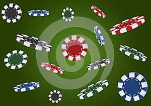 Casino poker green background. Falling chips, isolated. Game concept. Vector illustration