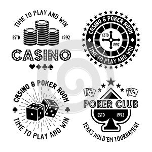 Casino and poker set of four vector monochrome typographic gambling emblems, labels, badges or logos in vintage style