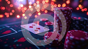 Casino poker table with chips and playing cards under red lights