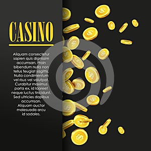 Casino Poster Background or Flyer with Golden Money Coins.
