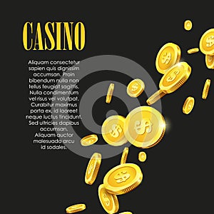 Casino Poster Background or Flyer with Golden Money Coins.