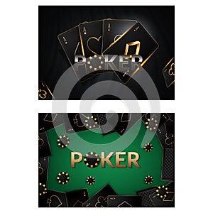 Casino poster or banner background or flyer template. Casino invitation with Playing Cards and Poker Chips. Game design. Playing
