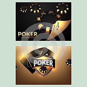 Casino poster or banner background or flyer template. Casino invitation with Playing Cards and Poker Chips. Game design. Playing