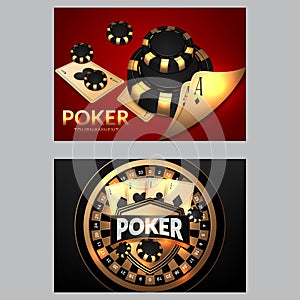 Casino poster or banner background or flyer template. Casino invitation with Playing Cards and Poker Chips. Game design. Playing