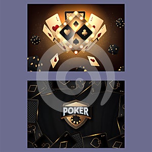Casino poster or banner background or flyer template. Casino invitation with Playing Cards and Poker Chips. Game design. Playing