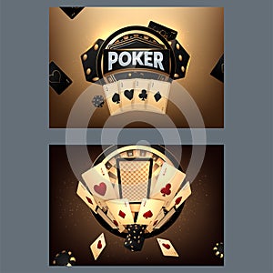 Casino poster or banner background or flyer template. Casino invitation with Playing Cards and Poker Chips. Game design. Playing