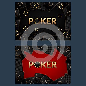 Casino poster or banner background or flyer template. Casino invitation with Playing Cards and Poker Chips. Game design. Playing