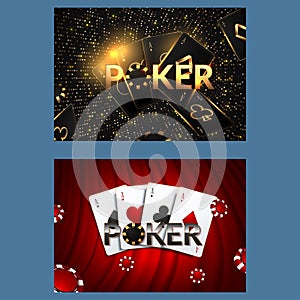 Casino poster or banner background or flyer template. Casino invitation with Playing Cards and Poker Chips. Game design. Playing