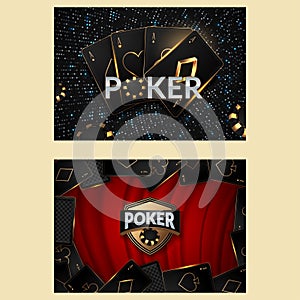 Casino poster or banner background or flyer template. Casino invitation with Playing Cards and Poker Chips. Game design. Playing