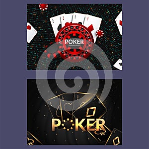 Casino poster or banner background or flyer template. Casino invitation with Playing Cards and Poker Chips. Game design. Playing