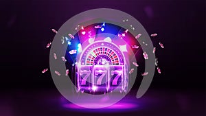 Casino poster with purple neon casino roulette, neon slot machine, neon playing cards and poker chips on dark background