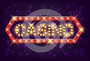 Casino poster vintage style. Casino banner with glowing lamps for online casino, poker, roulette, slot machines, card