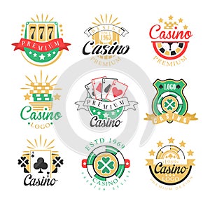 Casino premium logo design, set of colorful gambling emblems, labels, badges, vector Illustrations
