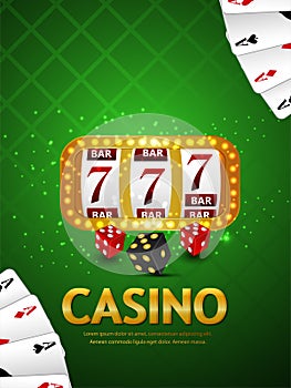 Casino realistic vector illustration of slot machine and dice with playing cards